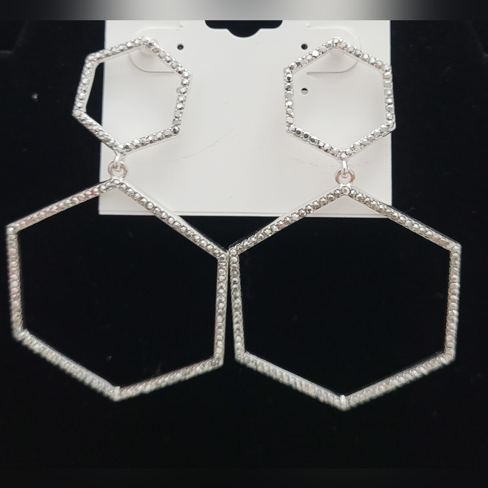 Double Hexagon Bling Earrings  Silvertone